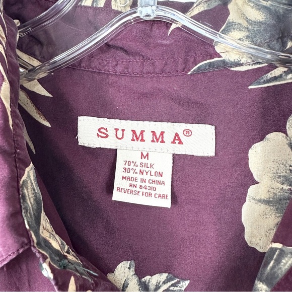 SUMMA Maroon Silk Blend Aloha Shirt M Hibiscus Floral Vintage Y2K Vibes - Picture 4 of 4